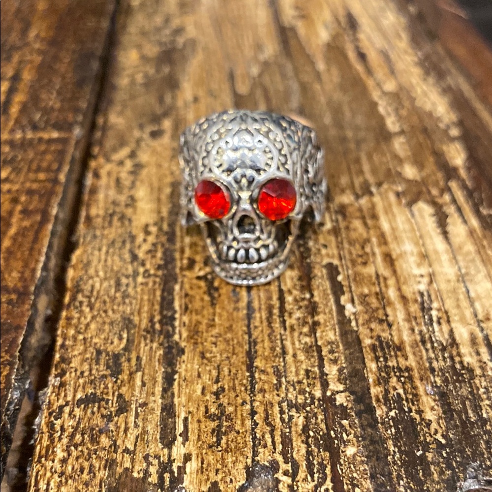 Goth, Biker style Silver Skull Ring with Red Gem Eyes